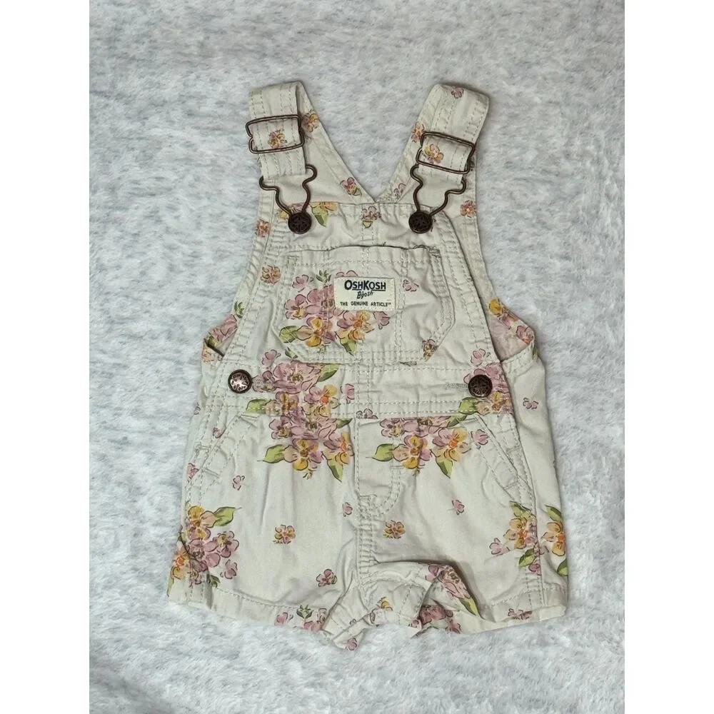 OshKosh B'gosh Floral Shortall Overalls 3M Ivory Pink Baby Girl Romper Vintage